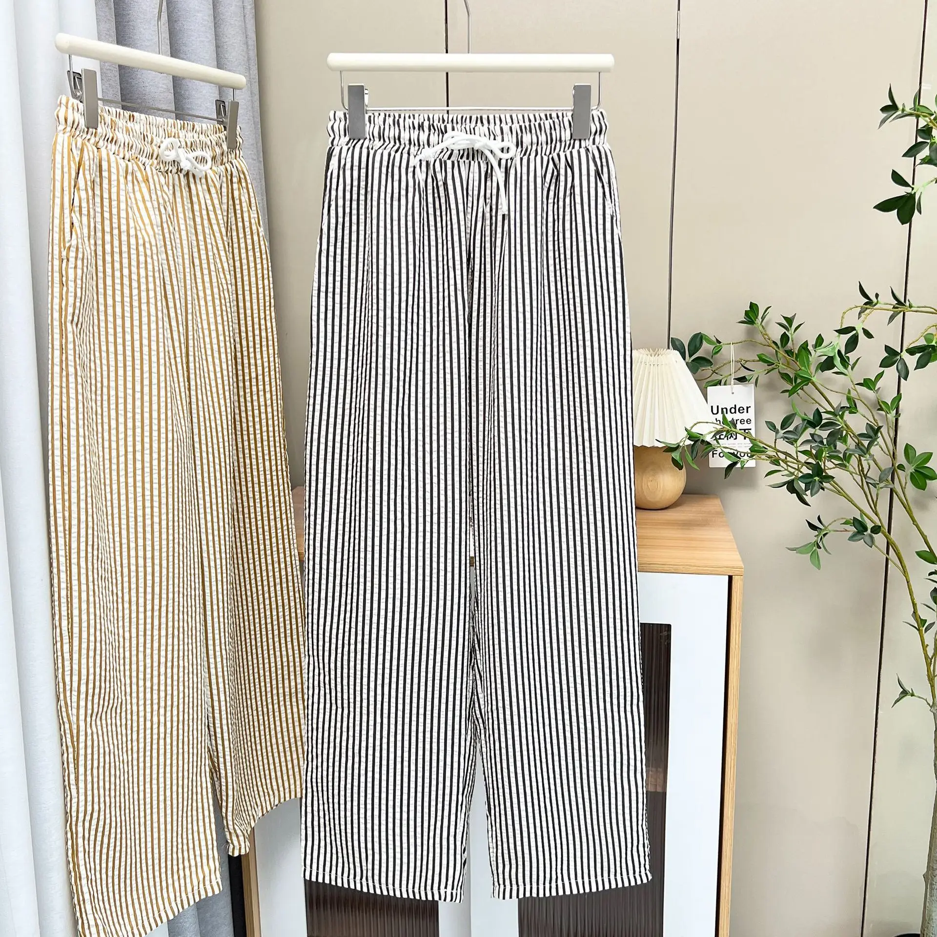 Fashion Plus Size Women's Straight Pants Autumn New Style Casual Loose Washed Striped Full Length Trousers 1701