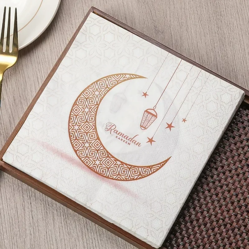 33cm 2-Ply Golden Moon Printed Paper Napkins Ramadan Festival Decorative Paper Butterfly Bone Bart Paper Wine Glass Flower 20pcs