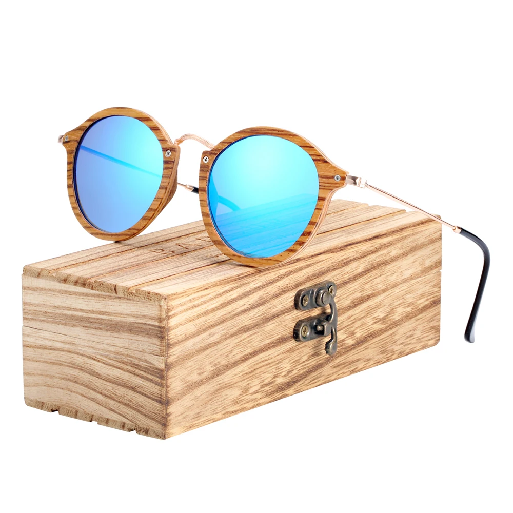 

BARCUR Brand Design Zebra Retro Hand Made Round Wood Sunglasses Fashion Polarized Women Sun Glasses Men UV400 Protection