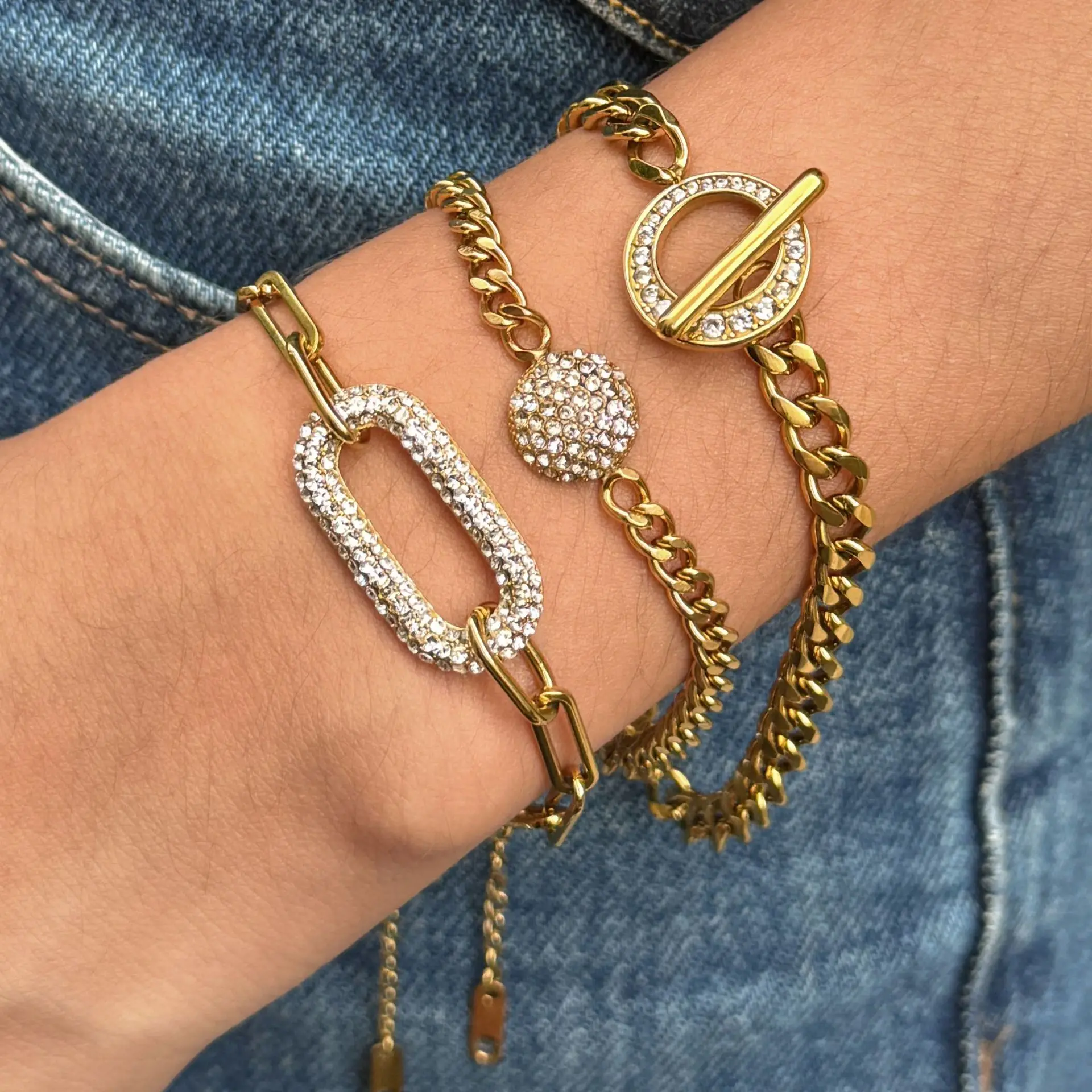 Occident Style Pave CZ Zircon Geometric Bracelet Sparkle 18K Gold Plated Metal Chain Hypoallergenic Bracelets Punk Jewelry Gift