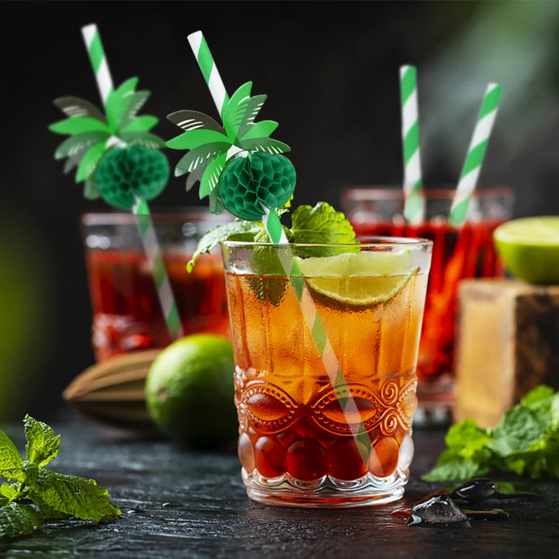 Summer Hawaiian Green Coconut Honeycomb Paper Straw Beach Party Birthday Cocktail Drinking Disposable Tableware Straw Decor 20pc
