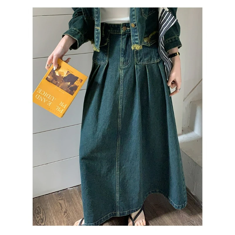 Retro Denim Skirts Slit Autumn Cotton Women High Waist Slim Blue Classic A-line Skort Long Skirt Vintage Korean Fashion Clothing