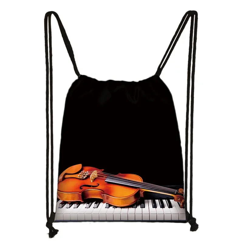 Musical Instrument Print Drawstring Bag Music Notes Backpack Guitar Violin Outdoor Storage Bag Shoes Holder Teenager School Bags 5