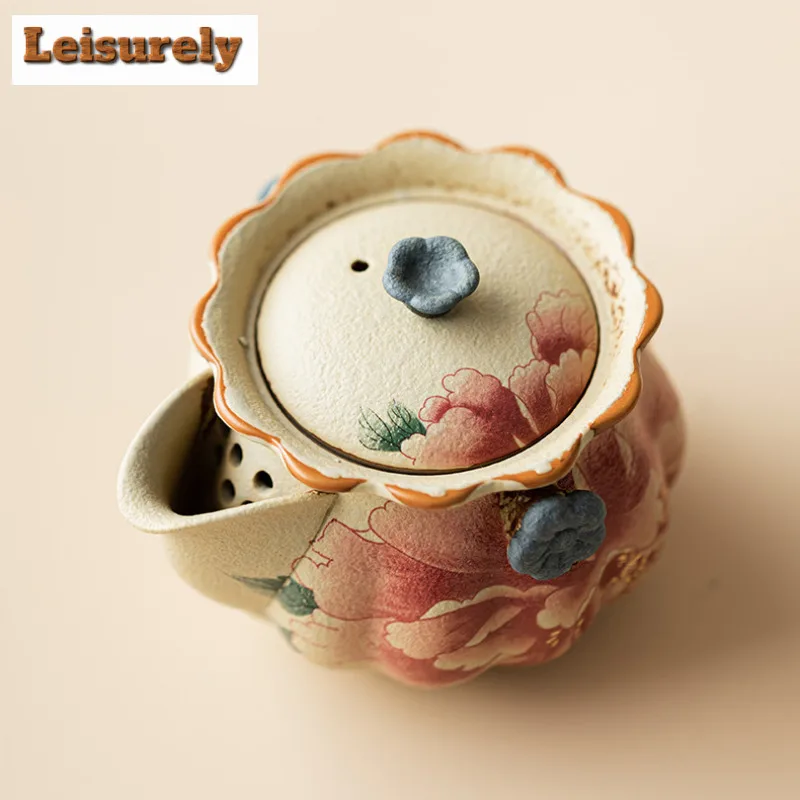 135ml Blue And White Flint Red Hand-held Peony Teapot Zen Tea Infuser Pot Tea Making Kettle With Strainer Chinese Tea Set Gift