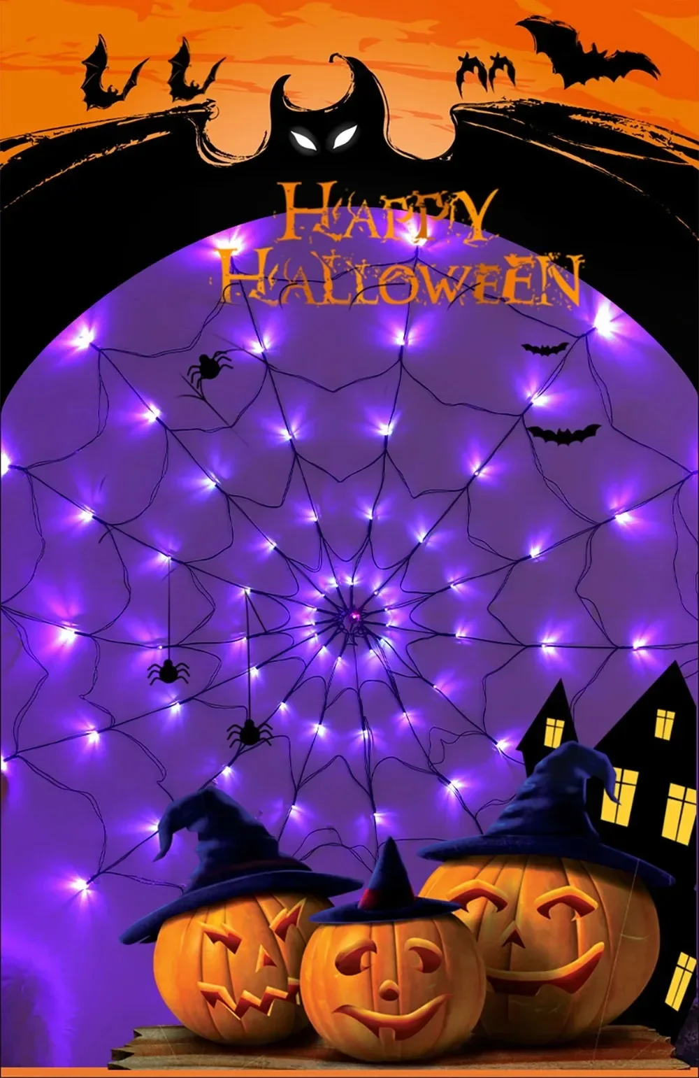 Description Picture 5 of item2024 LED Halloween Light Spider Web Decoration Lights 8 Modes Remote Control Spider Net Lamp Decorative Atmosphere Party Light