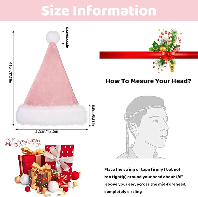 Chrismas Hat Adults Santa Hat for Men and Women Pink Green Blue Red Yellow Purple Gray White Black