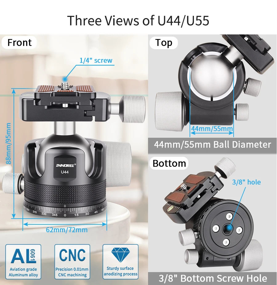 U44/U55 Low Profile Camera Tripod Ballhead, with Arca 1/4" Quick Release Plate,
