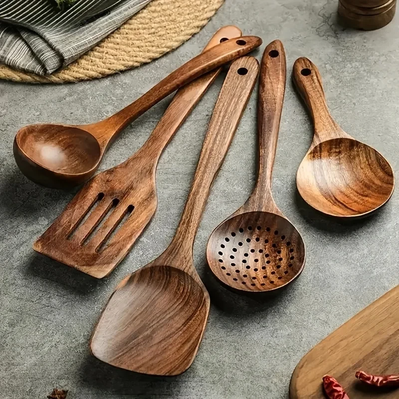 Durable Eco-Friendly Thailand Teak Cooking Spoon Ladle Turner Rice Colander Soup Skimmer 5-7PCS Wooden Kitchen Utensils Set