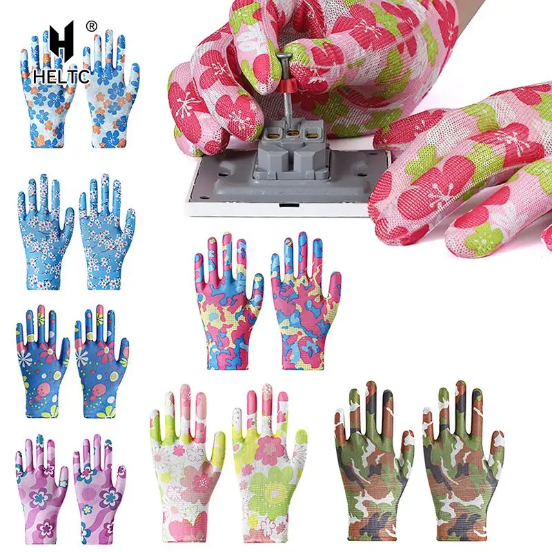 Work Gloves Breathable Women Garden Gloves Printed Nylon Non-Slip Household Labor Protection Gloves 2PCS For Mechanic Construction
