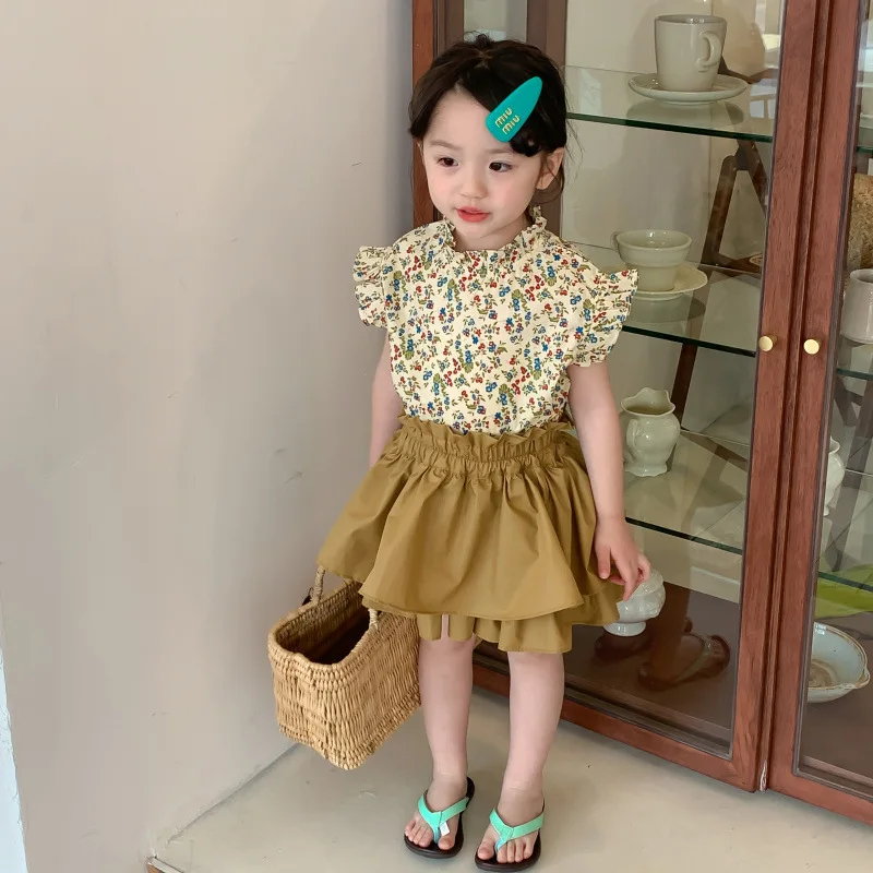 

Girls Summer Clothing Sets for 2-6Years Kids Clothes 2023 Korean Floral Shirt And Cake Pant Skirt Two Pieces Children's Suits
