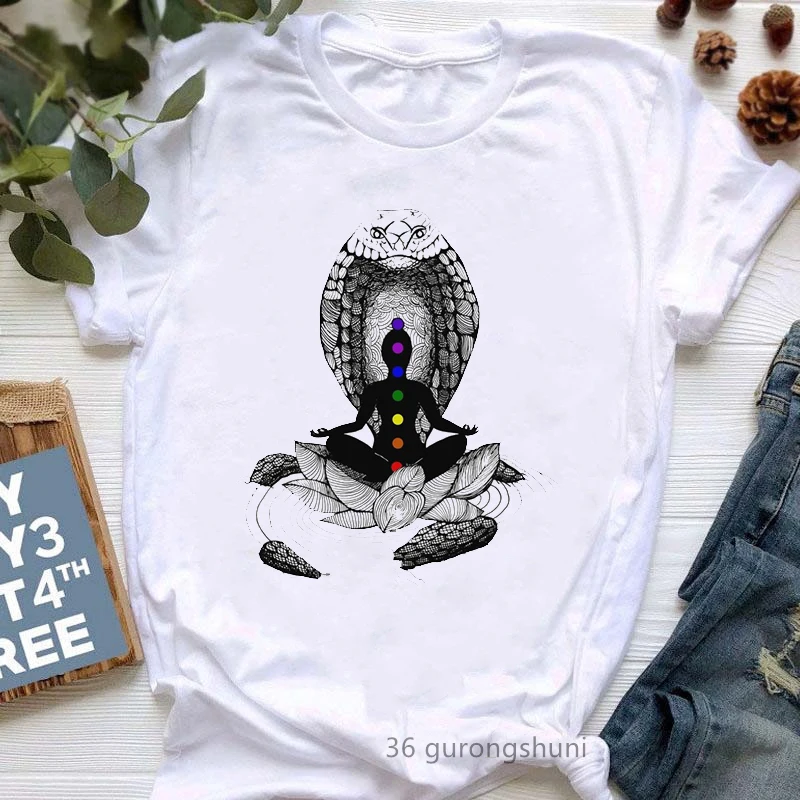 Sa9790efd7fad4753a926db940a7e7ff8c.jpg Buddha Chakra Meditation Print Tshirt Women'S Clothing Yoga White T Shirt Femme Funny T-Shirt Female Harajuku Shirt Tops - Image 1