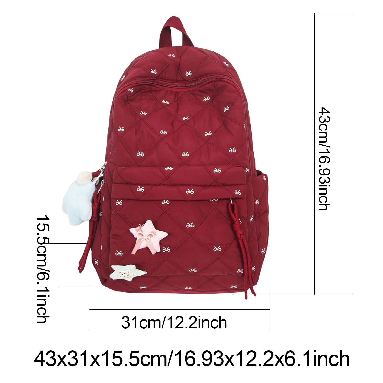 Soft Nylon Padded Rucksack with Pendant Bow Embroidery School Bag Large Capacity Bowknot Laptop Daypack Commute Backpack