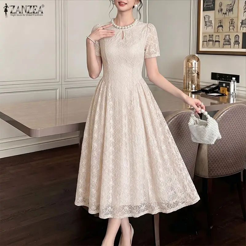 Women Elegant Lace Patchwork Party Dress ZANZEA 2026 Summer Sundress Stylish Short Sleeve Hollow Out Embroidered Work Dresses 5