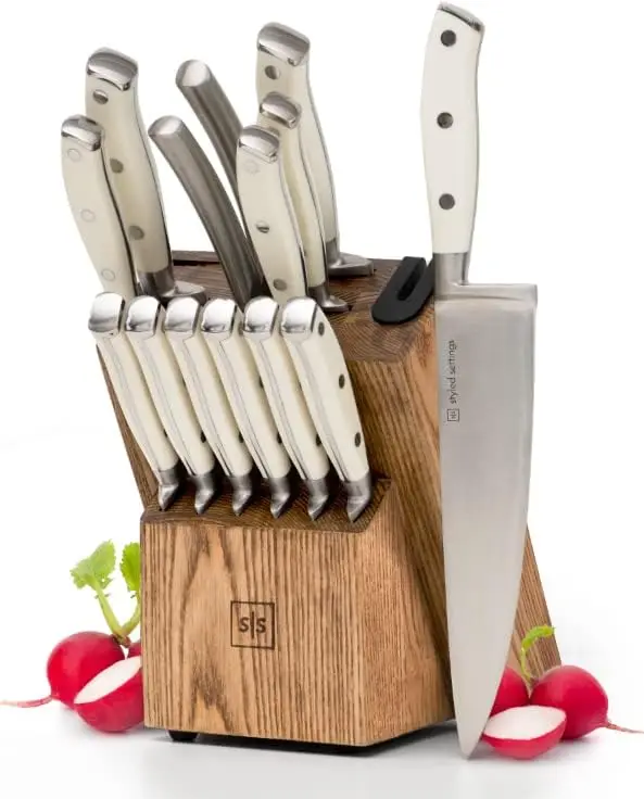 and Gold Knife Set with Block Self Sharpening - 14 PC Coated Gold