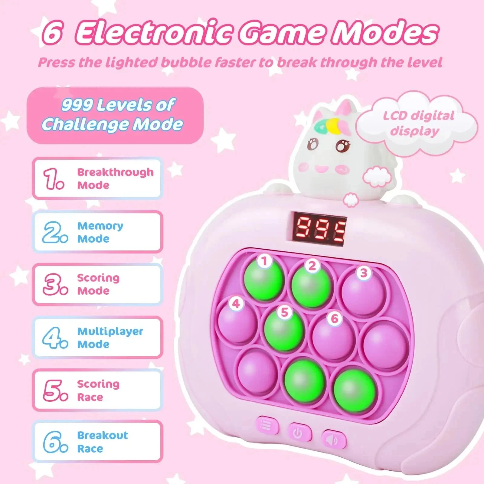 999 Level Electronic Pop Quick Push Bubbles Game Machine Toys Kids Handheld Game Console Whac-A-ole Squeeze Relief Toys Gifts 3