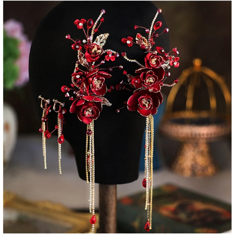 2pcs set red fairy tassel hair clips earrings sets flower Chinese wedding hair accessories