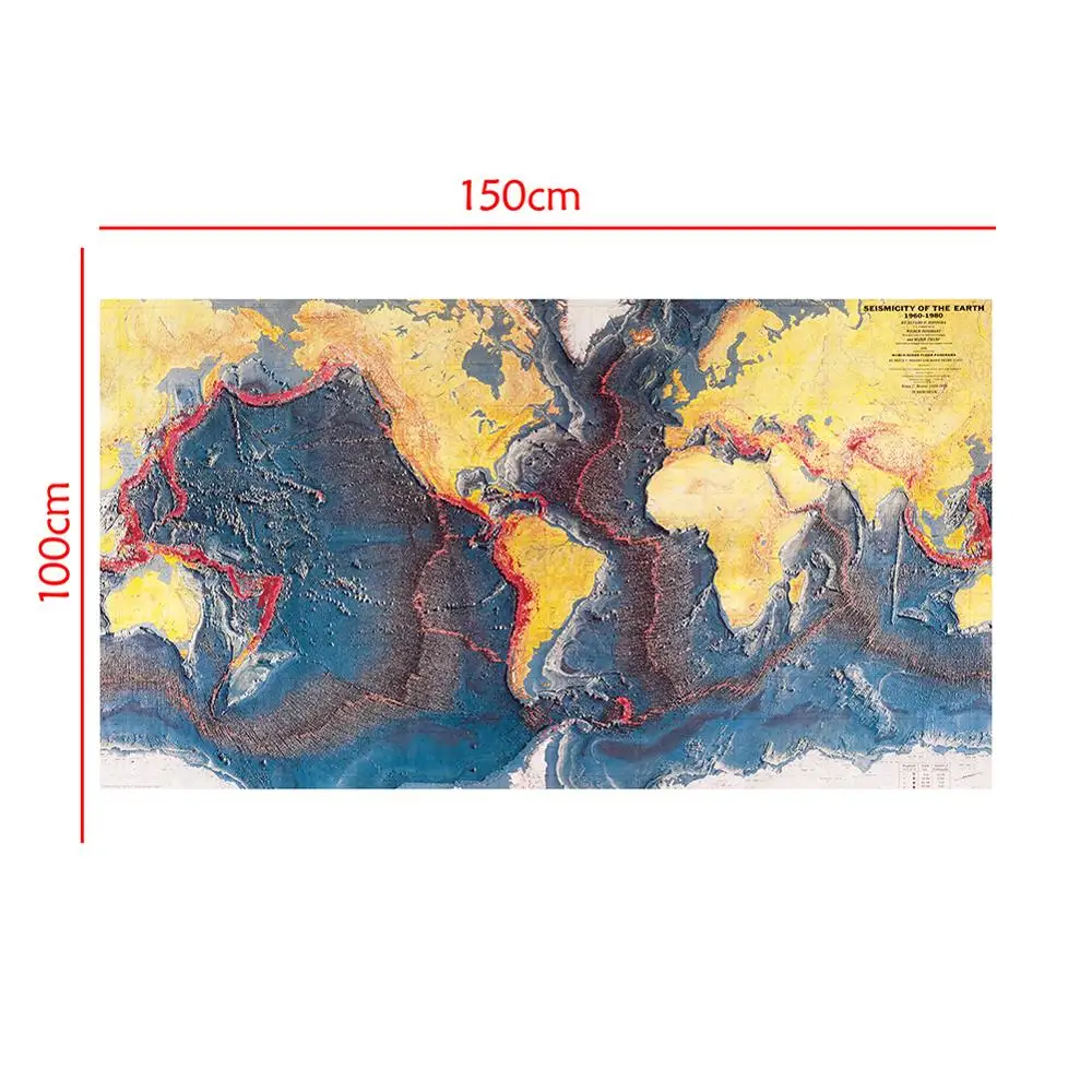 Seismicity Of The Earth World Ocean Floor Panorama Of 1960-1980 For Research In Geology And 150x100cm