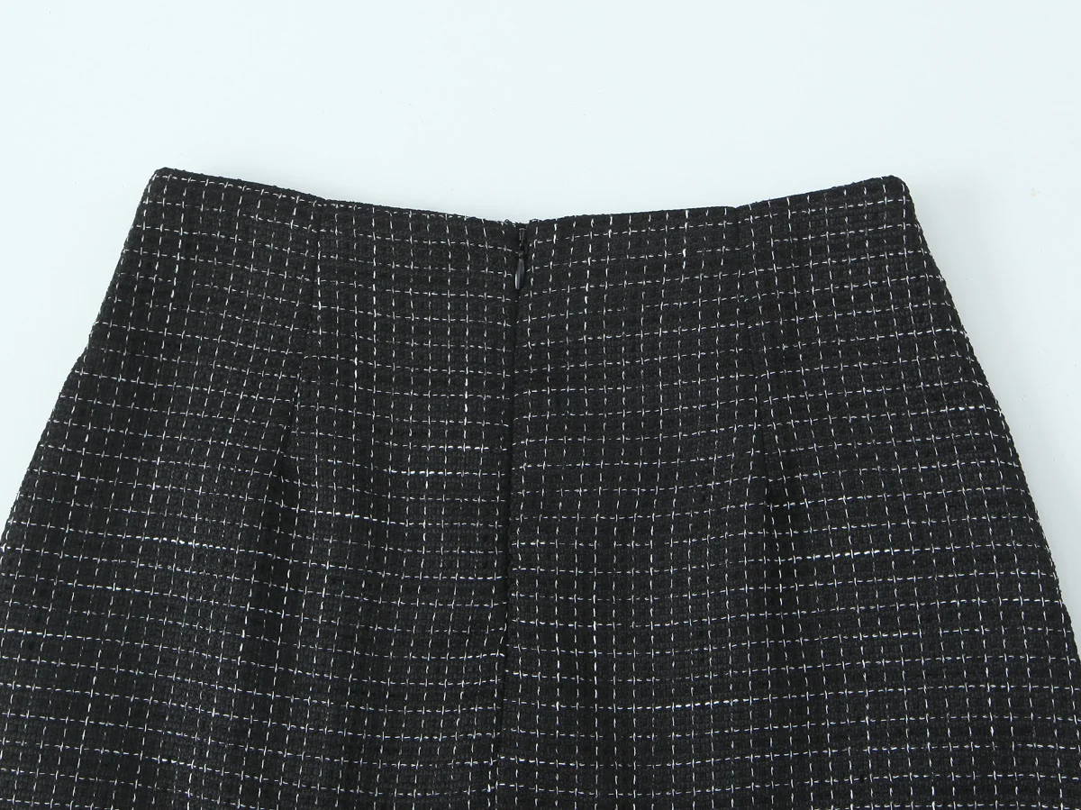 French Style Retro V collar Plaid Woven Tweed Blazer + High Waist Mini Short Skirts Suits 2 pieces 1 Set Black White