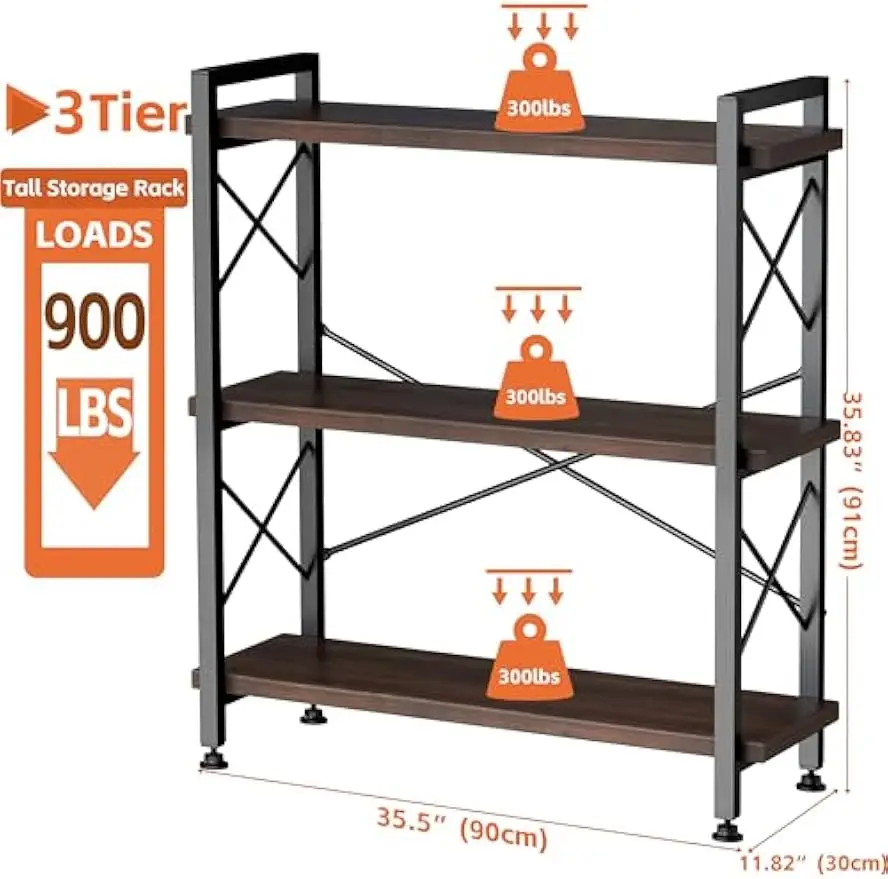 3 Tier Bookshelf Bookcase, 35.5'' Width Wood & Metal Open Book Shelf, Freestanding Industrial Display Shelf, Rustic Storage