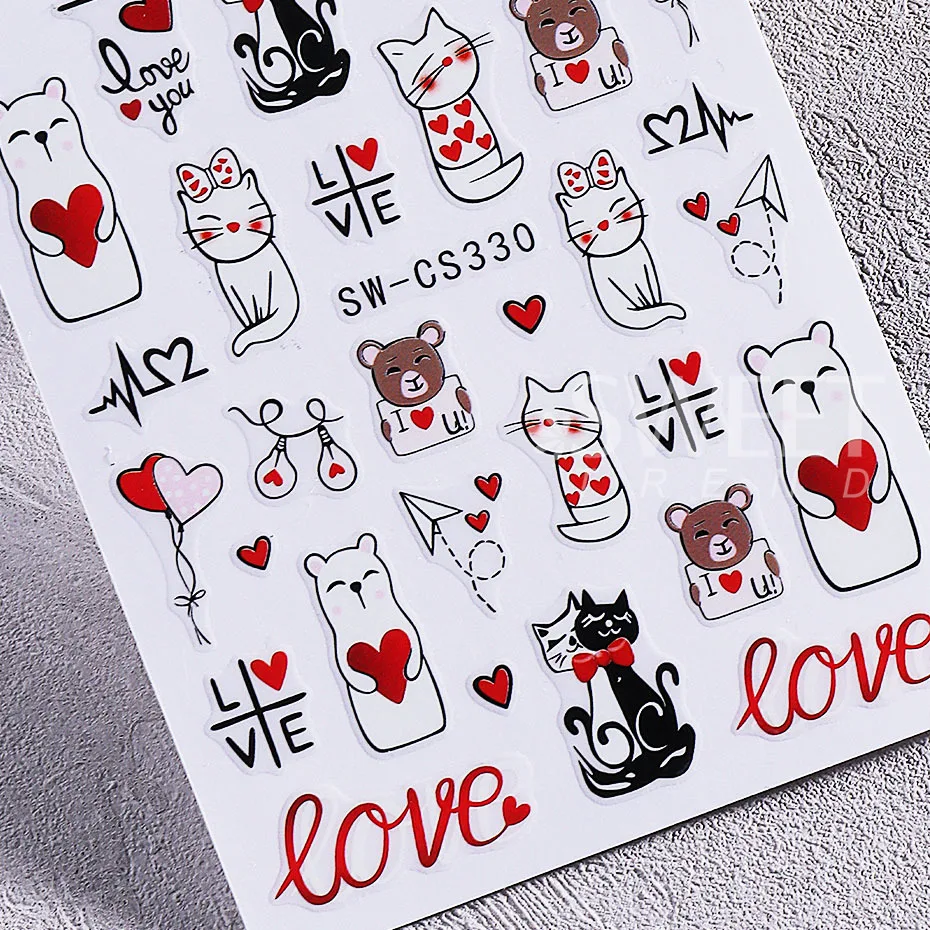 2pcs Valentine's Day Nail Stickers Cute Cat Love Heart Balloon Bear Letter Car Adhesive Nail Decals Manicure Decor Accessories