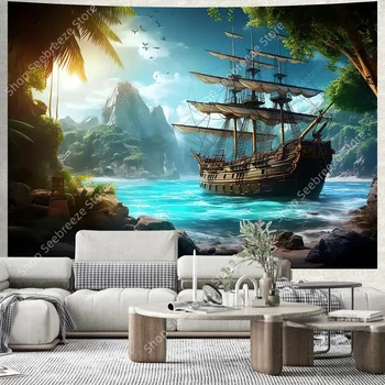 Tapisserie murale suspendue de nuit mystique, paysage d'océan, bateau Pirate, voilier, pour chambre à coucher, salon, dortoir, décoration, serviette de plage 1