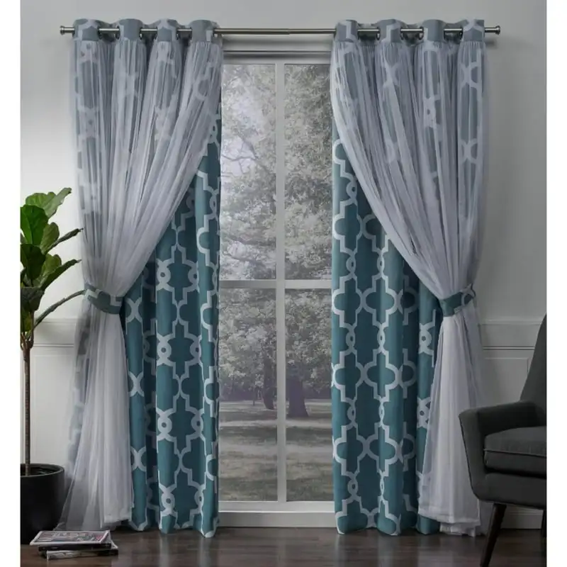 

2 Pack Alegra Layered Geometric Blackout and Sheer Grommet Top Curtain Panels, Turquoise, 52x96 Ethiopian home decor Cautains fo