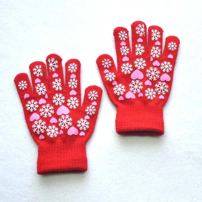 6-11Y Children Warm Gloves Winter New Students Kids Snowflake Love Print Knitted Mittens Outdoor Knitting Cycling Skiing Gloves