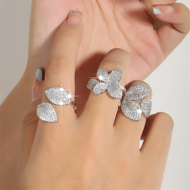 ZAKOL Korea Multilayer Zircon Open Rings for Women Fashion Water Drop CZ Leaf Shape Ring Girls Party Jewelry