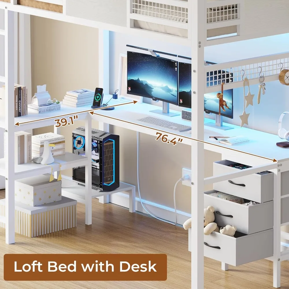 Loft Bed with L-Shaped Desk, Storage Drawers, Shelves, Power Outlets & LED Lights - Space Saving Twin Size