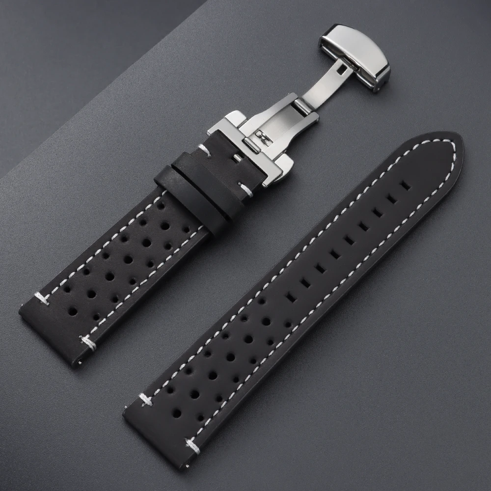 Vintage Cowhide Leather Quick Release Watch Strap with Butterfly Buckle - Brown/Black