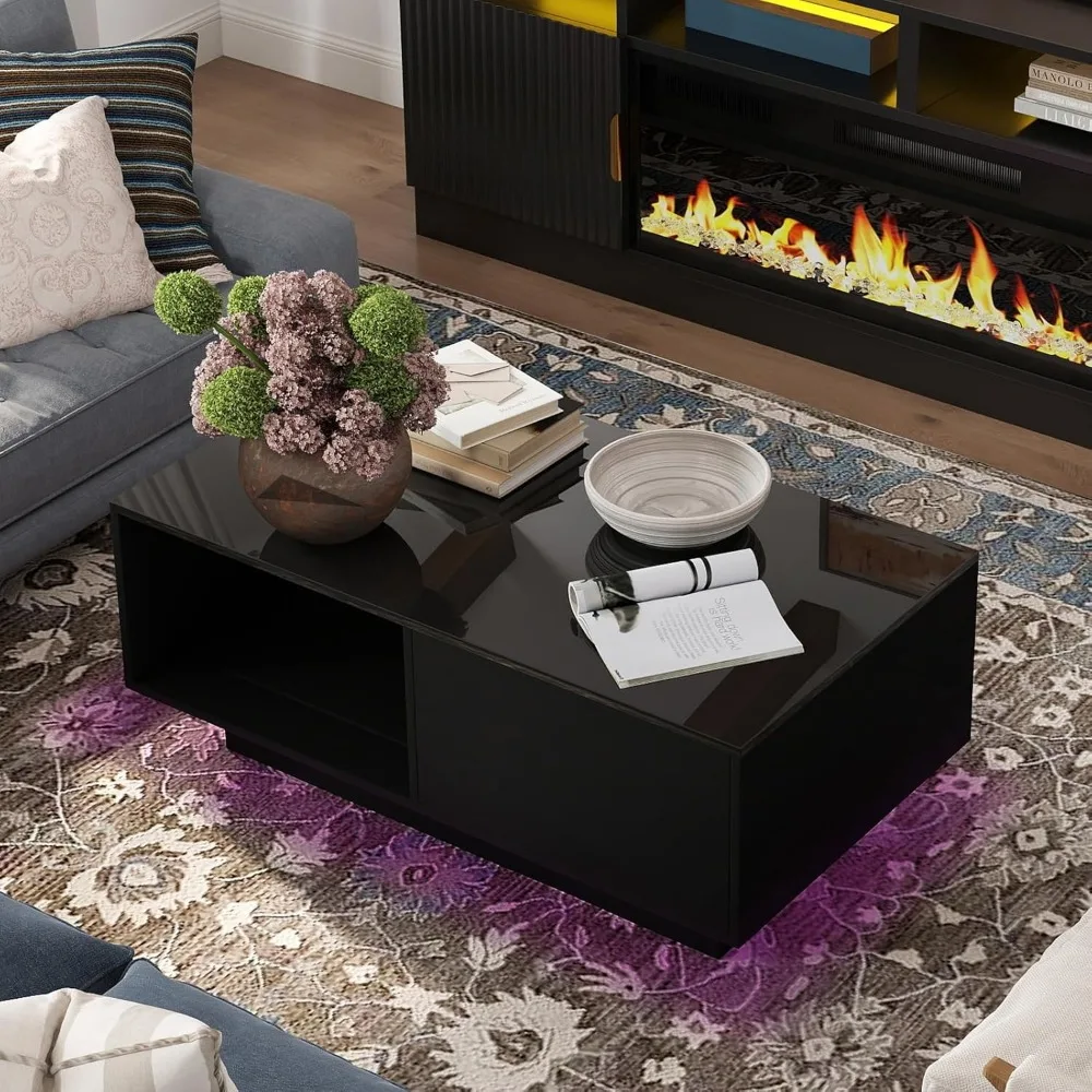LED Black Coffee Table for Living Room with Drawer & 16 Colors Lights, Storage Space, 43.3IN High Gloss Modern Coffee Table 3