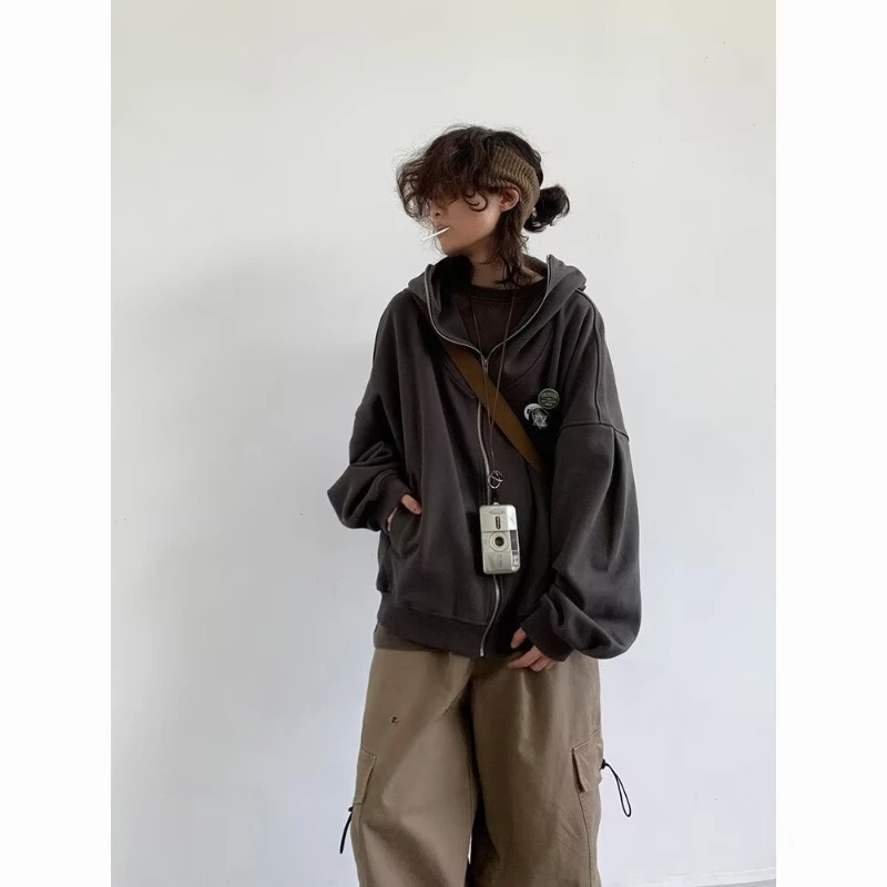 Autumn College Casual Set Men Japanese Harajuku Zipper Fleece Hoodie Jacket+Retro Wide Leg Pants 2-piece Street Fashion Suit 6