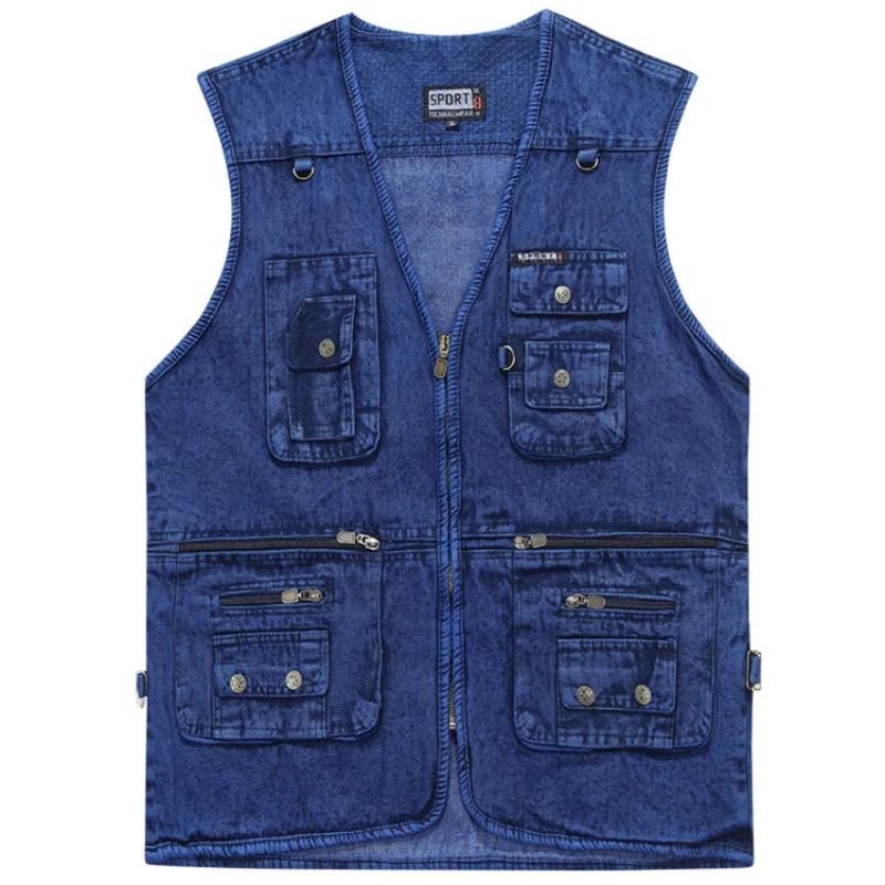 

Men's Denim Vest Multi Pockets Oversize for Fishing Photography Waistcoat Loose Sleeveless Zipper Coat Male