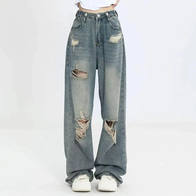 Jean rétro américain perforé pour femmes, taille haute, entrejambe droit, ample, Slim, ambiance de rue, pantalon traînant à jambes larges 2