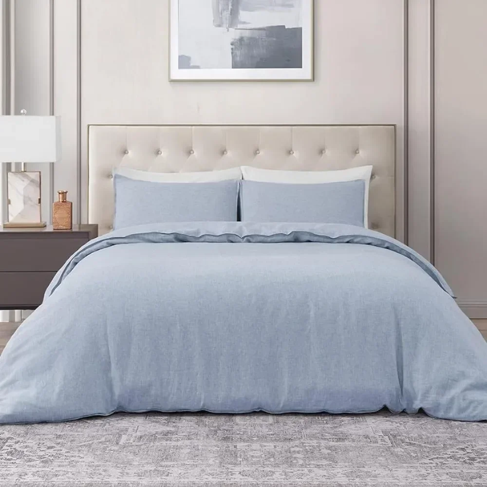 

Pure Linen Duvet Cover Set, 100% Yarn-Dyed French Linen,1 Duvet and 2 Pillowcases (Summer Sky, Queen/Full)Comforter Sets