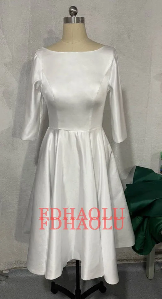 Simple Wedding Dresses Satin Tea length With Sleeve matrimonio vestidosde novia robe-de-mariee Direct China wedding dresses