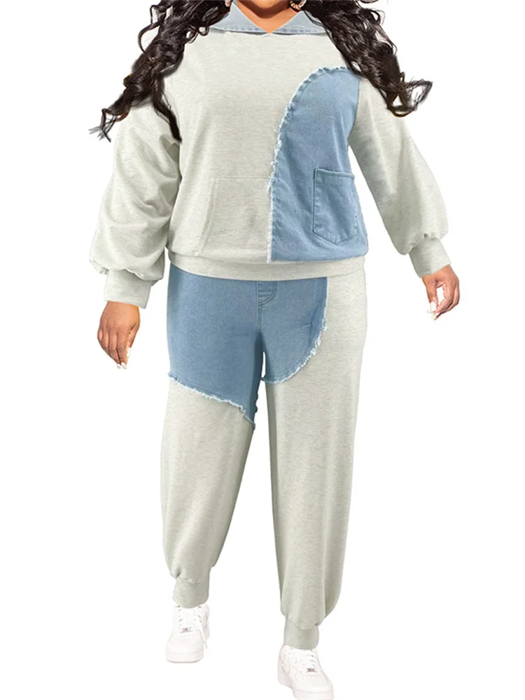 Winter Plus Size Women Clothing Hoodies Two Piece Set Patchwork Joggers Tracksuit Sweatsuit Matching Wholesale Dropshipping