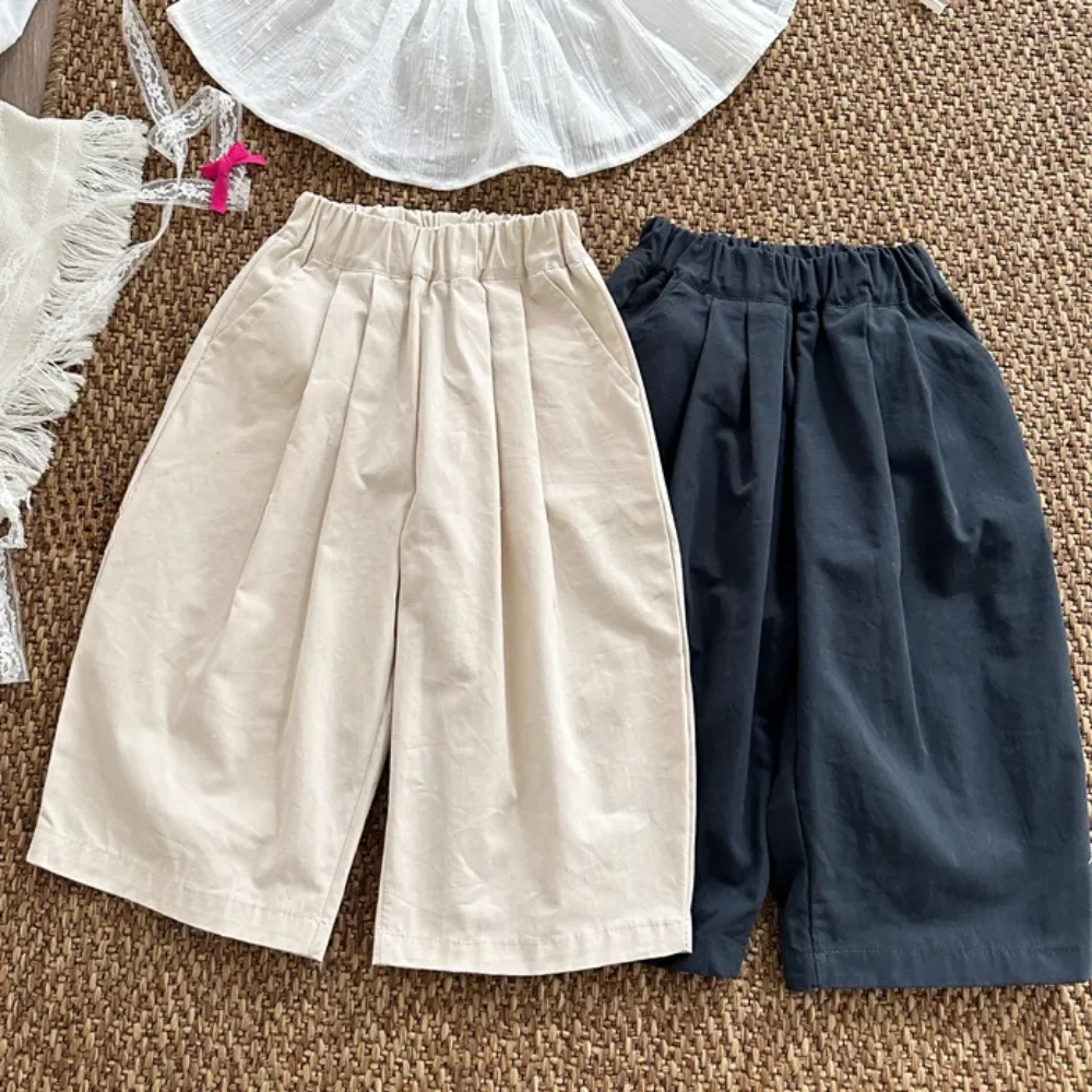 5593 Children Pants Spring and Autumn New Solid Color Pleated Wide-leg Pants for Girls Elastic Waist Slant Trousers