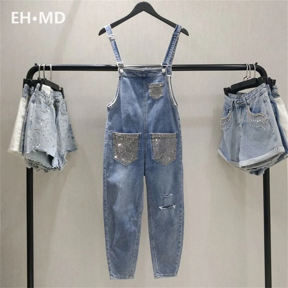 Diamond Pocket Sling Strap Pants Women Broken Holes One Piece Jeans Female Embroidery Cotton Zipper Fit Elastic Luxury Metal 024 fagadoer fashion streetwear women high waisted sling cargo denim pants autumn casual female straight jean trousers bottoms 2023