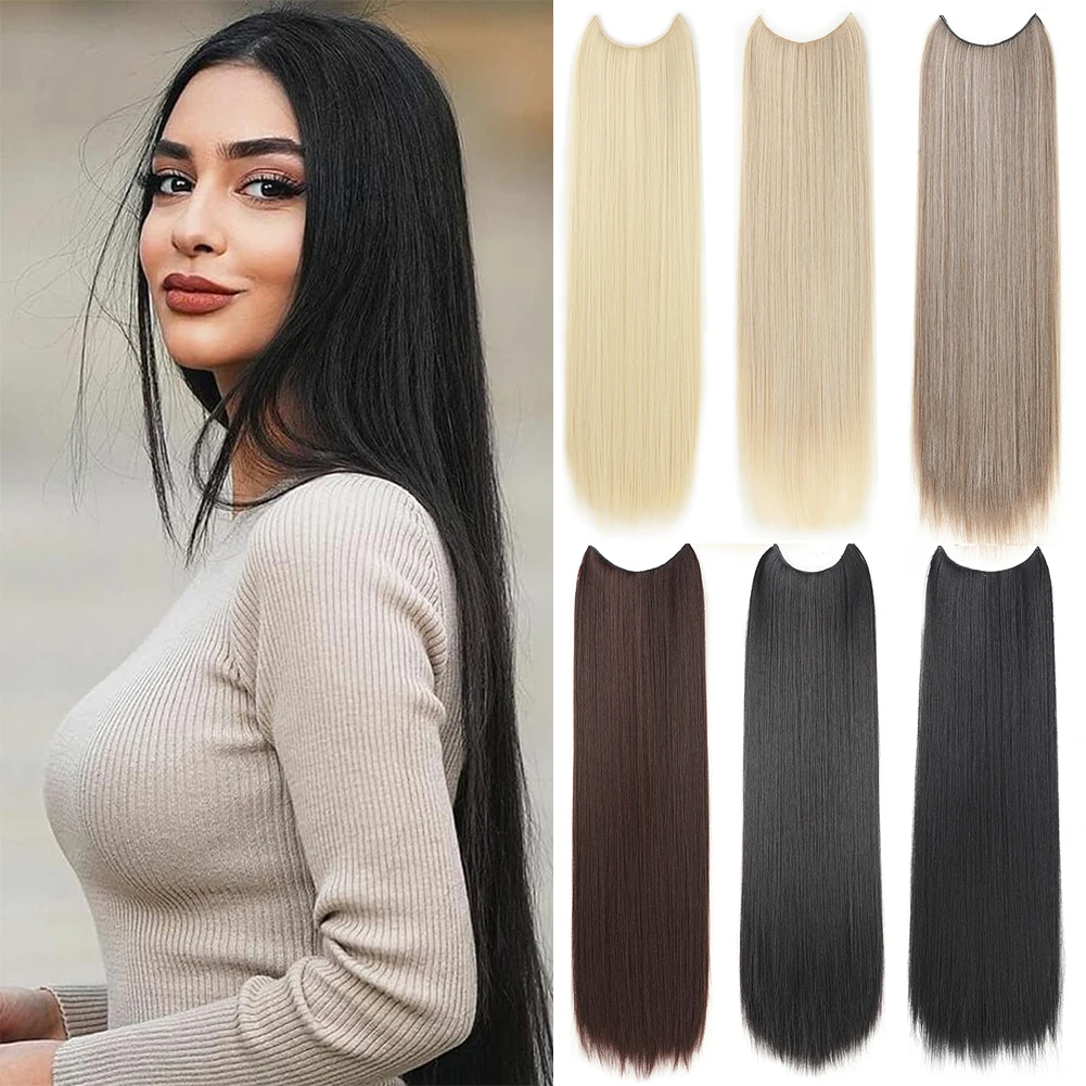 

Invisible Wire Hair Extensions Straight Long Synthetic Clip in Hairpieces 26 Inch Adjustable Headband Heat Resistant Fiber