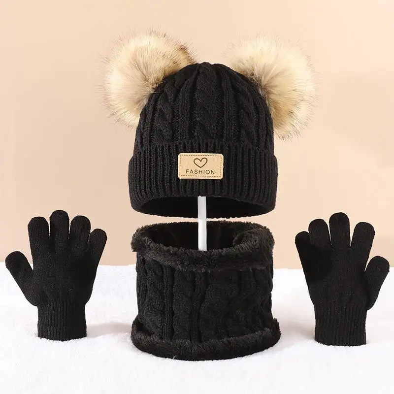 Toddler Kids Pom Pom Decor Beanie & Infinity Scarf & Gloves Boys Girls Winter Warm Suit