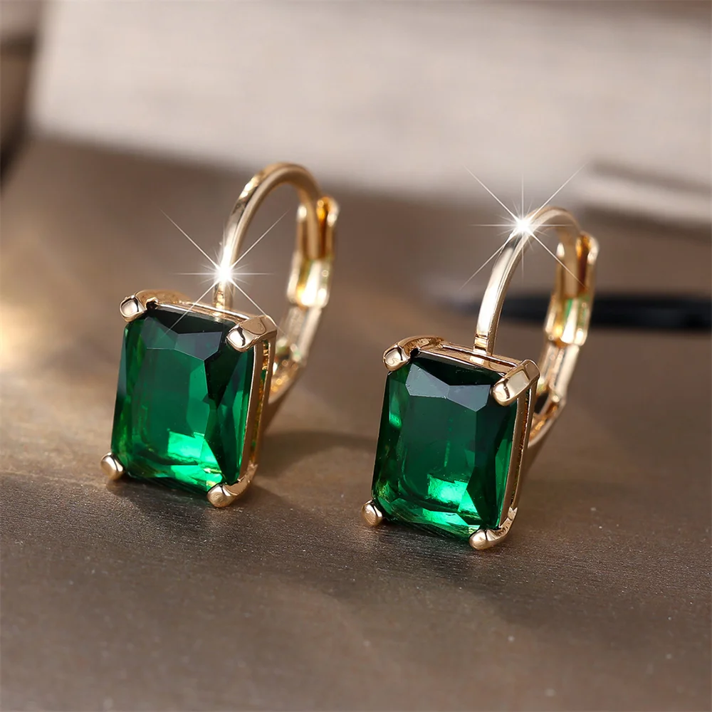 Charm Green Crystal Square Stone Hoop Earrings For Women Vintage Fashion Gold Color Ear Buckle Wedding Jewelry Mother's Day Gift