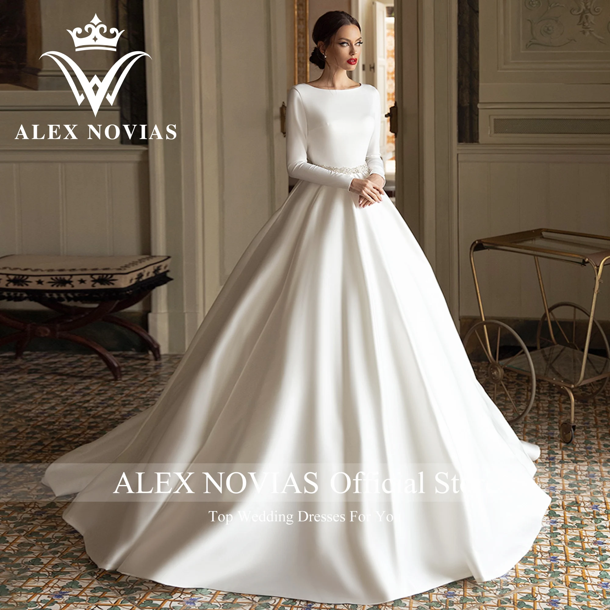 Robe De mariée en Satin à manches longues, avec ceinture en cristal, avec découpe à la cuillère, collection 2023