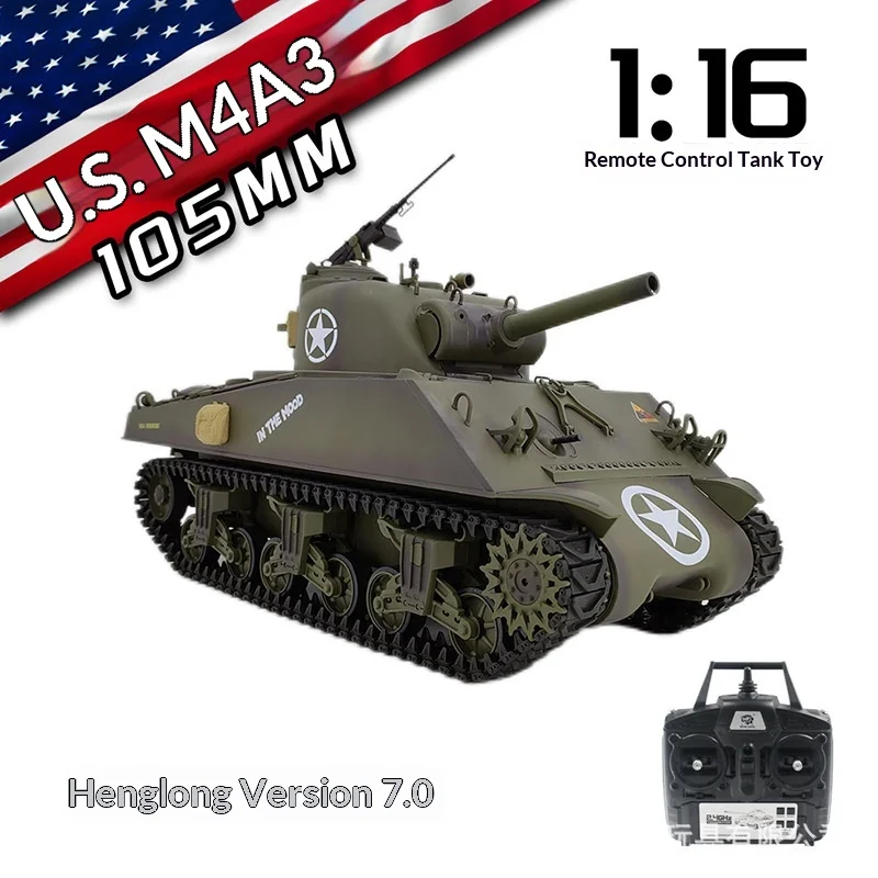 헝롱 무선 조종 전투 탱크 1:16 스케일 미국 M4A3 105MM 버전 7.0 군용 장갑 수집용 모델 RC 취미가이를 위한 제품