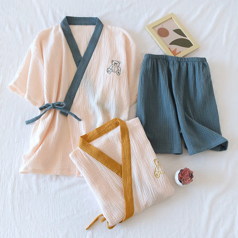 New spring and summer Japanese kimono suit ladies 100% cotton crepe short-sleeved shorts pajamas two-piece set thin straps women