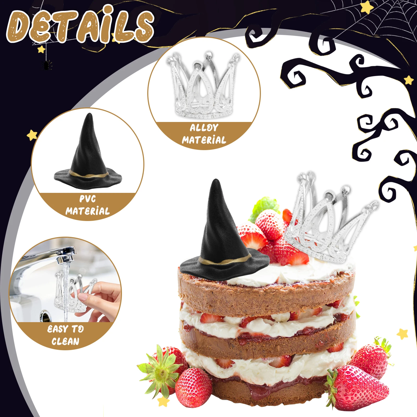 24Pcs Witch Hat and Crown Cake Topper Decor Birthday Cupcake Favors Silver Crown Decor Princess Cake Halloween Party Accessory