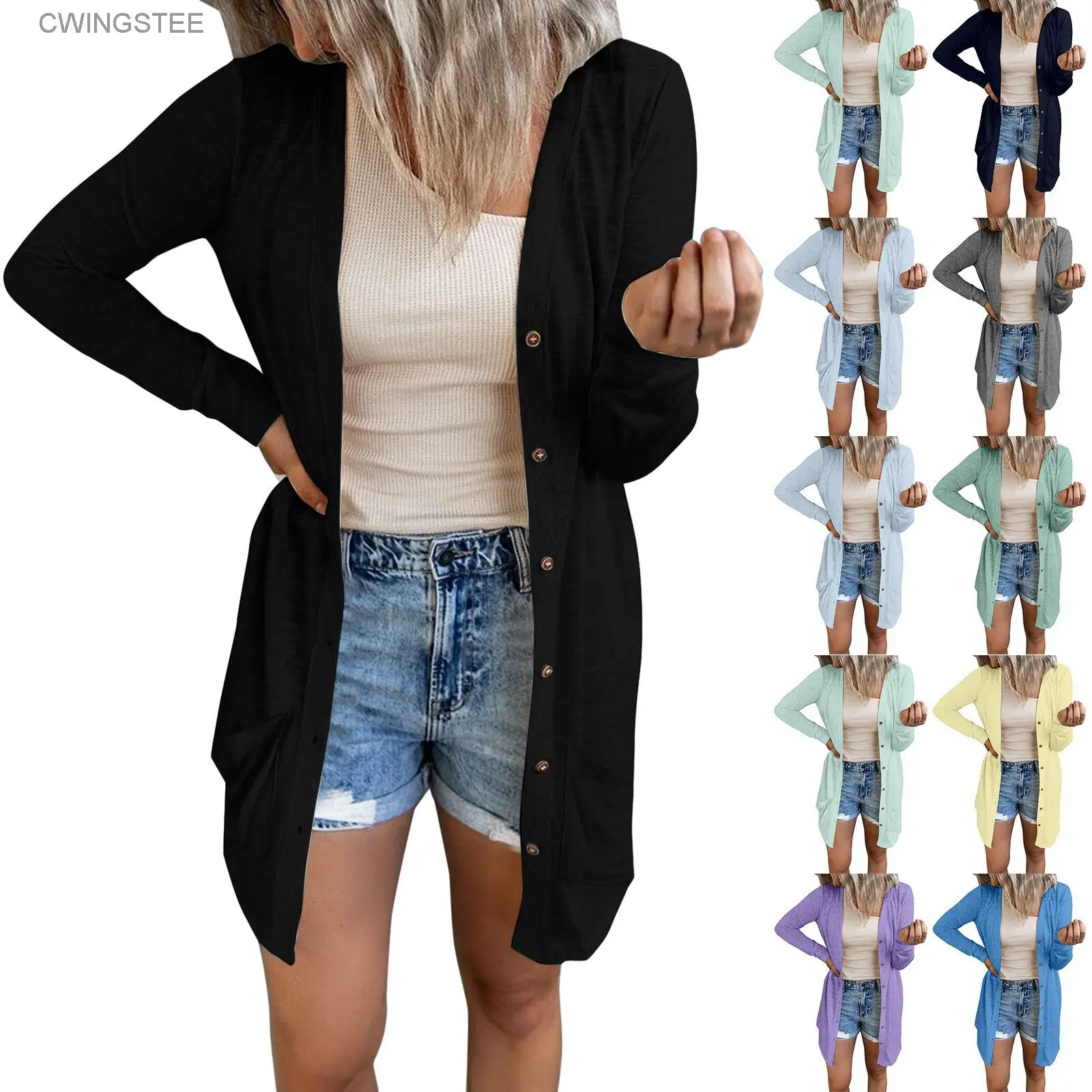 

Hot Sale Women's Open Front Lightweight Long Cardigan Button Down Loose Solid Outerwear With Pockets Popcorn Tops Fast Shipping