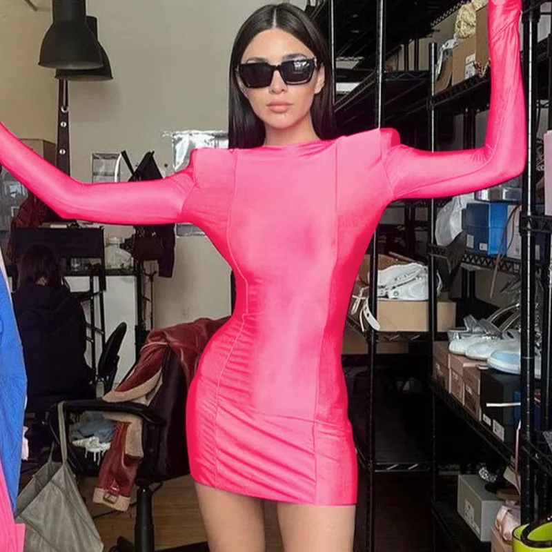 

Hugcitar Solid Long Sleeve Shoulder Pads Gloves Sexy Elegant Slim Mini Prom Dress 2023 Fall Women Clothes Birthday Party Club