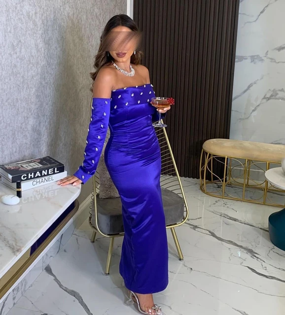 Mermaid Royal Blue Satin Prom Dresses Beadings Long Sleeves Floor