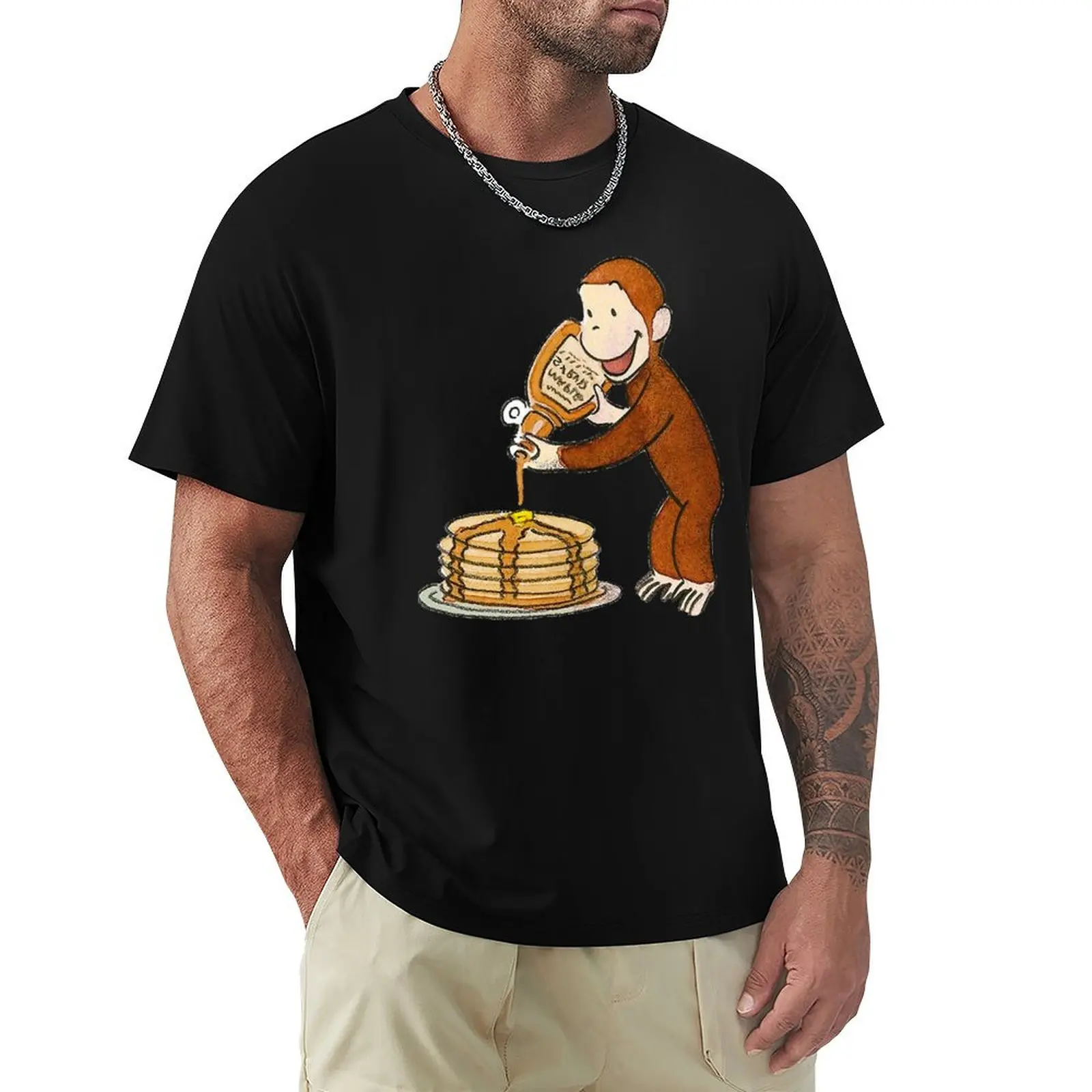 

Curious George making pancakes T-shirt vintage clothes anime funny t shirts for men